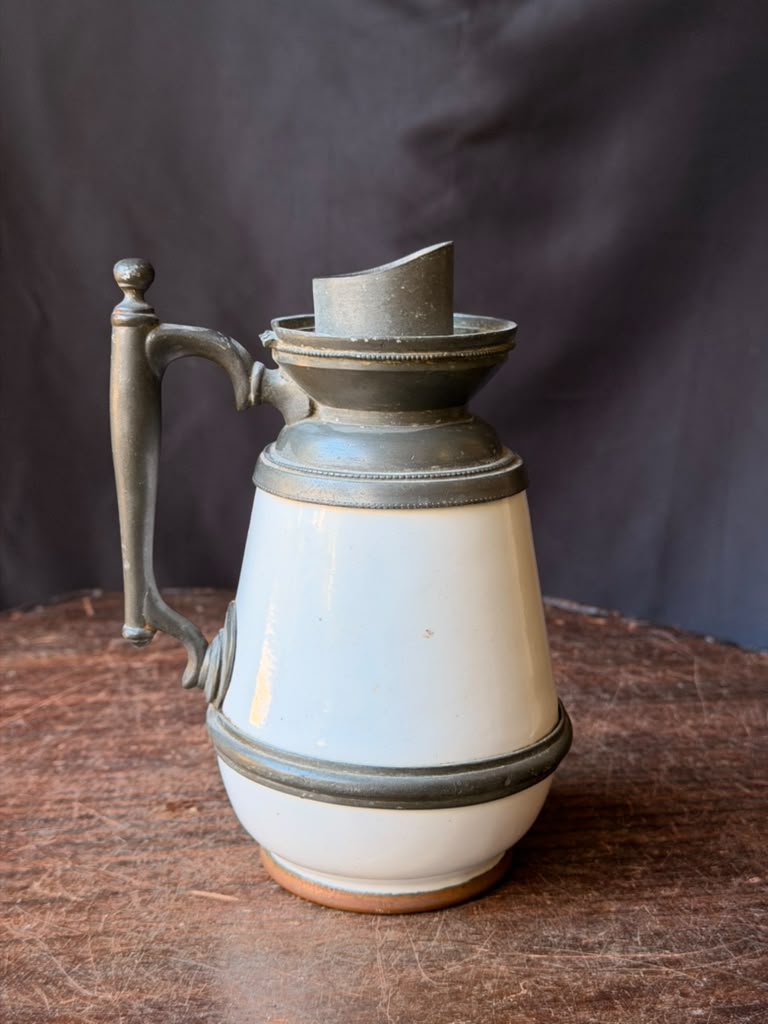 Antique Victorian White Ceramic Pewter Mounted Syrup Pitcher 6.5in No Lid
