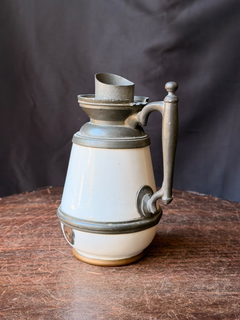 Antique Victorian White Ceramic Pewter Mounted Syrup Pitcher 6.5in No Lid