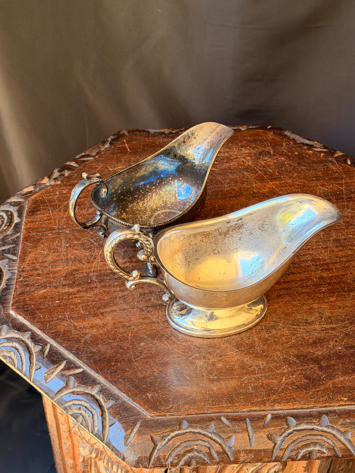 Two Vintage Silver Plate Gravy Sauce Boats Shell Footed and Pedestal 8 In