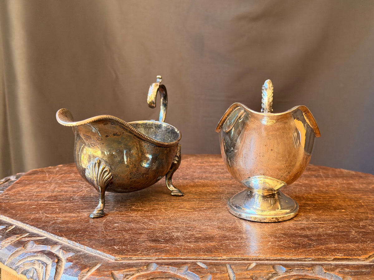 Two Vintage Silver Plate Gravy Sauce Boats Shell Footed and Pedestal 8 In