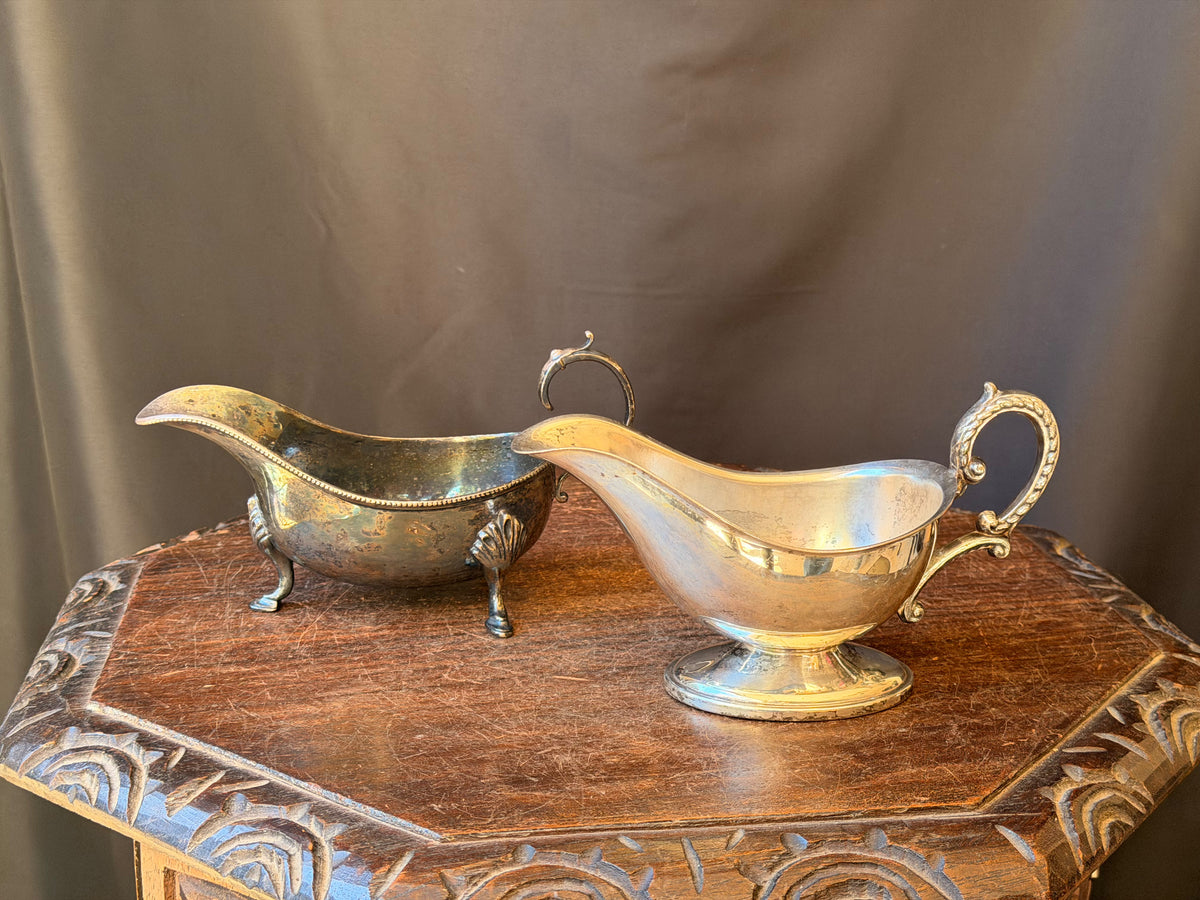 Two Vintage Silver Plate Gravy Sauce Boats Shell Footed and Pedestal 8 In