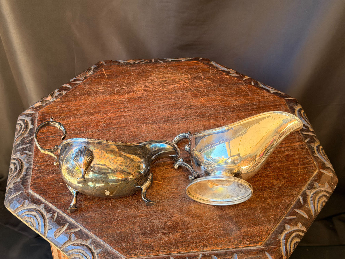 Two Vintage Silver Plate Gravy Sauce Boats Shell Footed and Pedestal 8 In