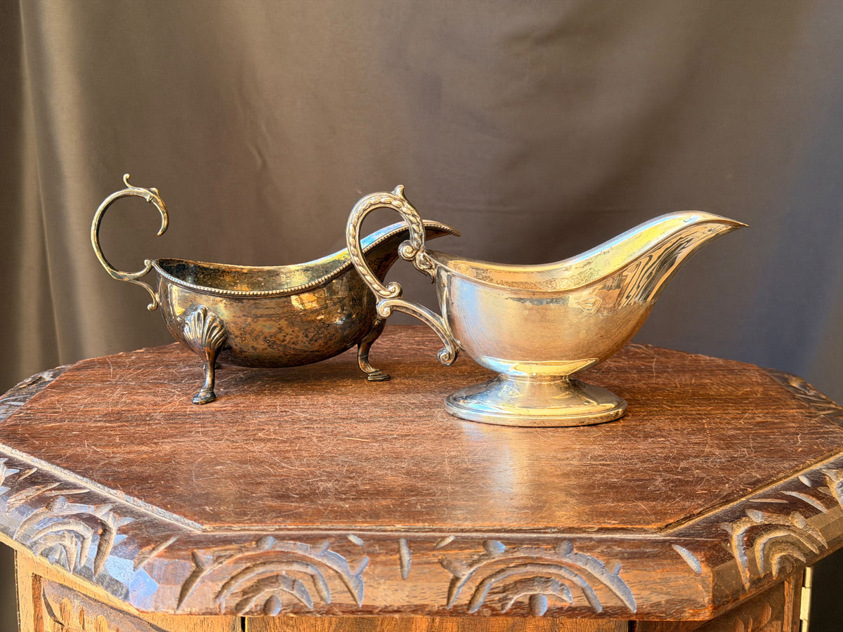 Two Vintage Silver Plate Gravy Sauce Boats Shell Footed and Pedestal 8 In