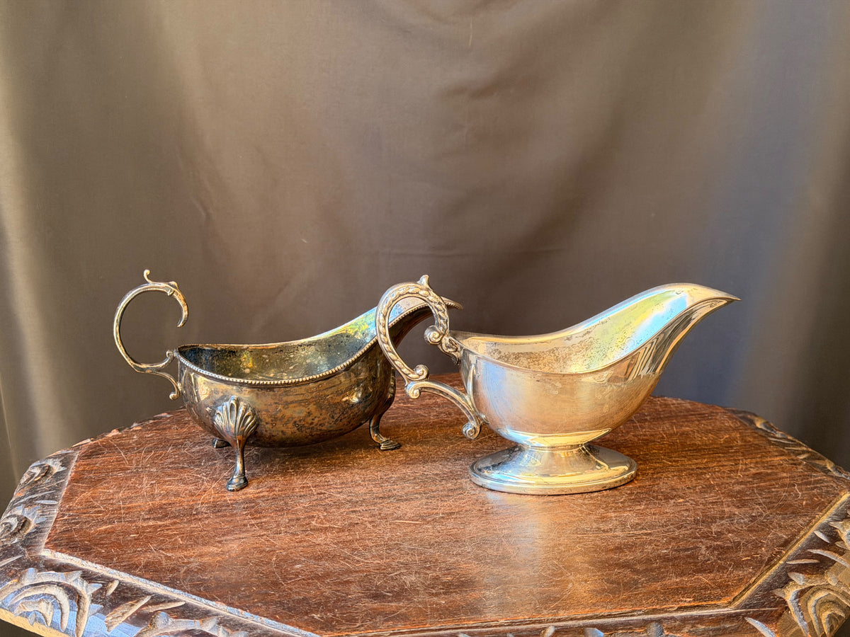 Two Vintage Silver Plate Gravy Sauce Boats Shell Footed and Pedestal 8 In