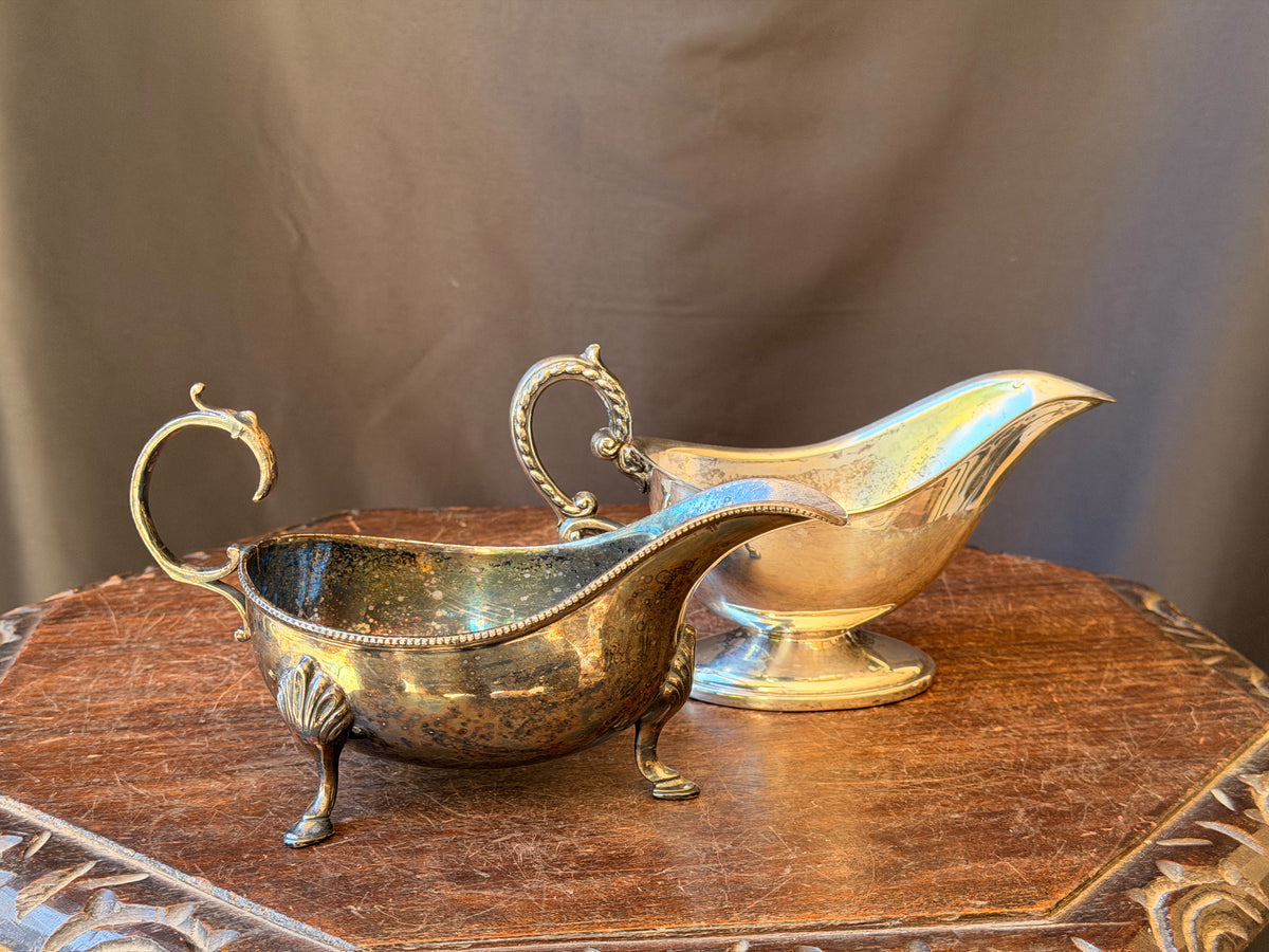 Two Vintage Silver Plate Gravy Sauce Boats Shell Footed and Pedestal 8 In