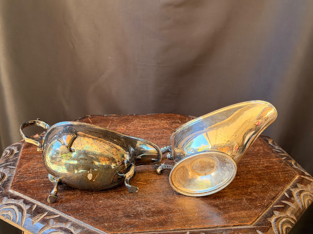 Two Vintage Silver Plate Gravy Sauce Boats Shell Footed and Pedestal 8 In