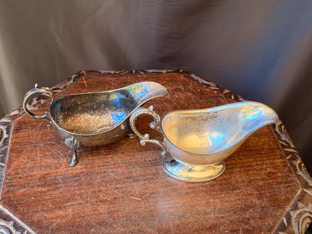 Two Vintage Silver Plate Gravy Sauce Boats Shell Footed and Pedestal 8 In