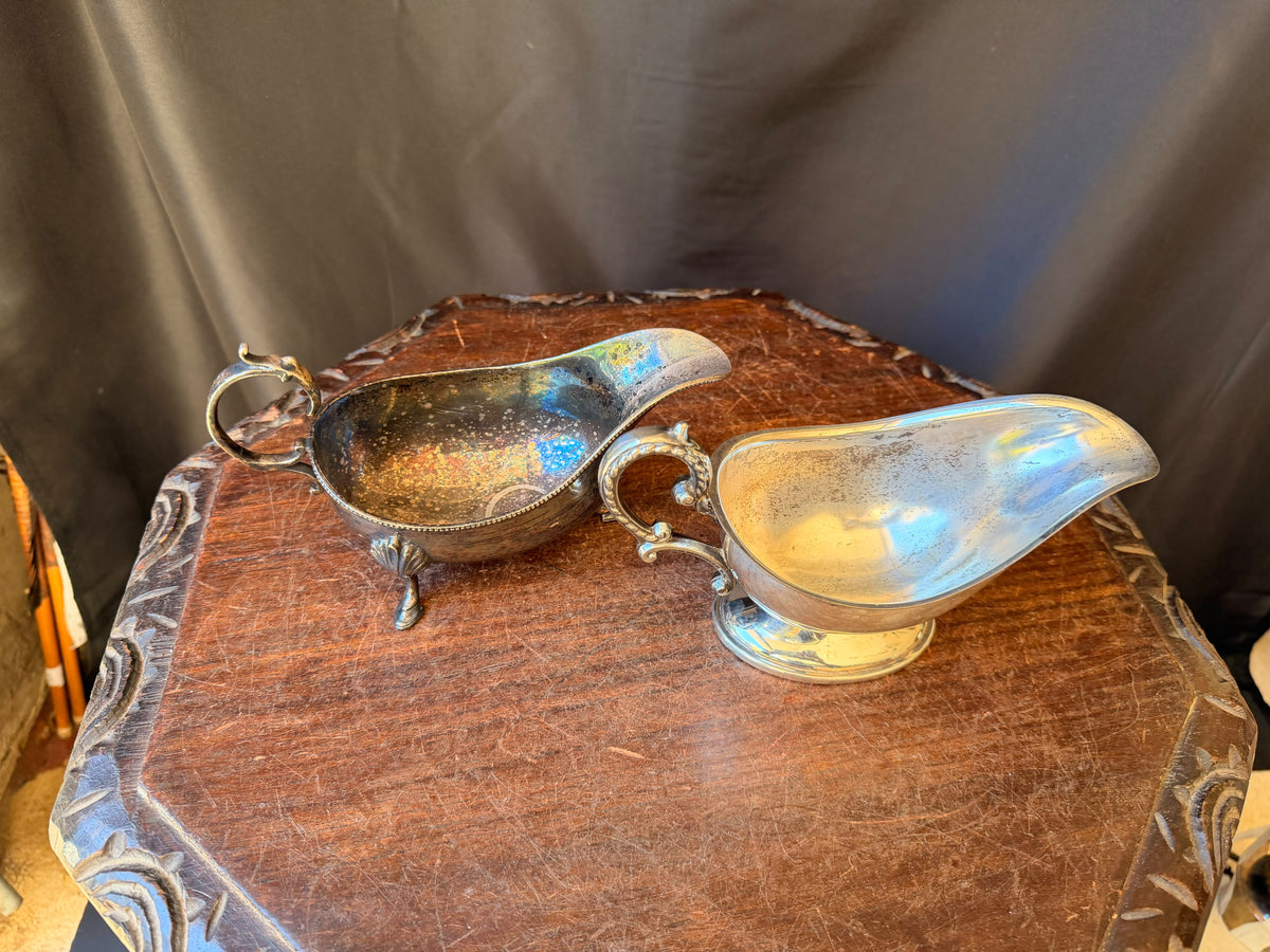 Two Vintage Silver Plate Gravy Sauce Boats Shell Footed and Pedestal 8 In