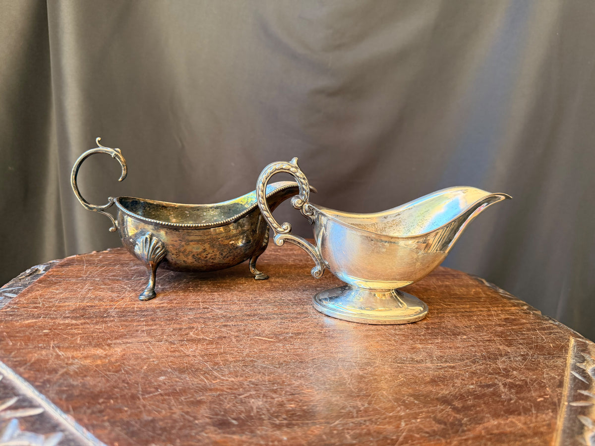 Two Vintage Silver Plate Gravy Sauce Boats Shell Footed and Pedestal 8 In