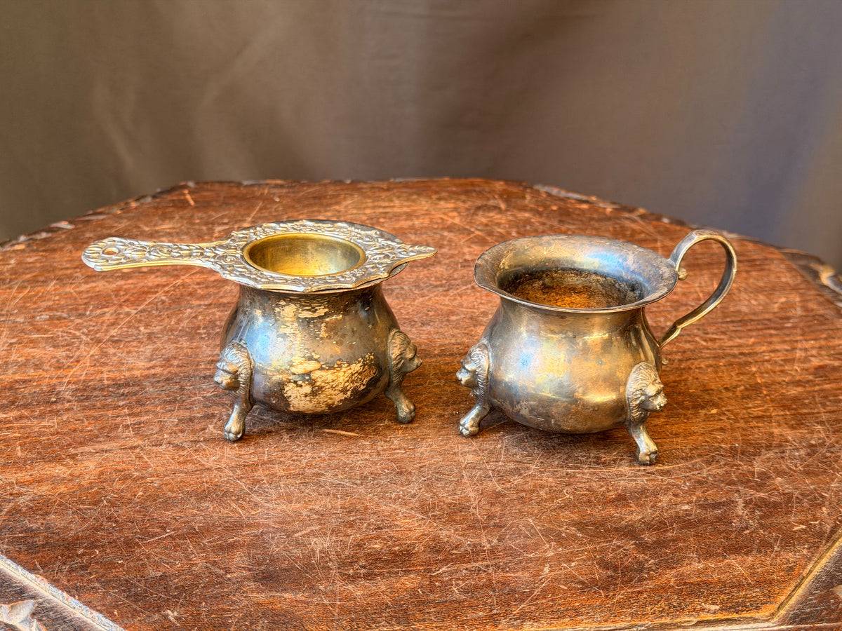 Vintage Taunton Victoria Silverplate Lion Foot Creamer Sugar & Tea Strainer Set