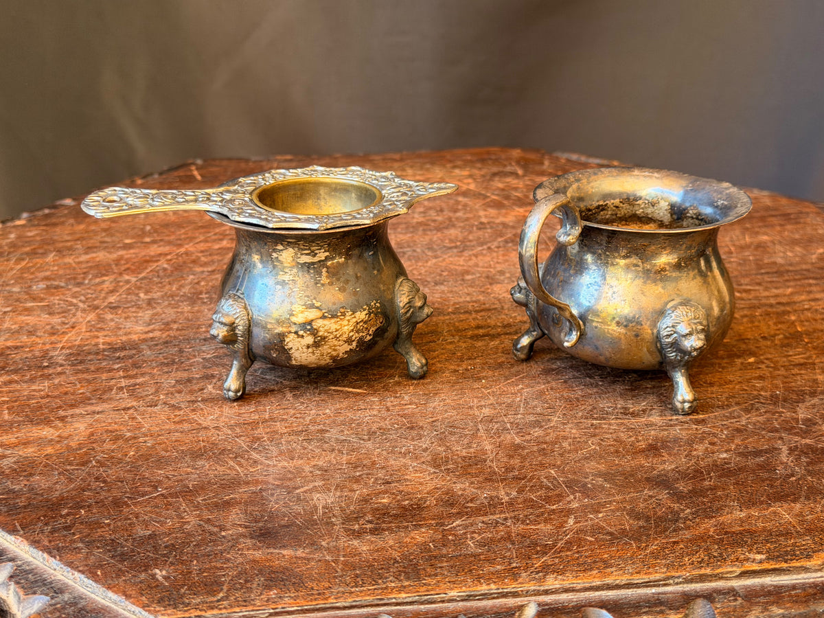 Vintage Taunton Victoria Silverplate Lion Foot Creamer Sugar & Tea Strainer Set
