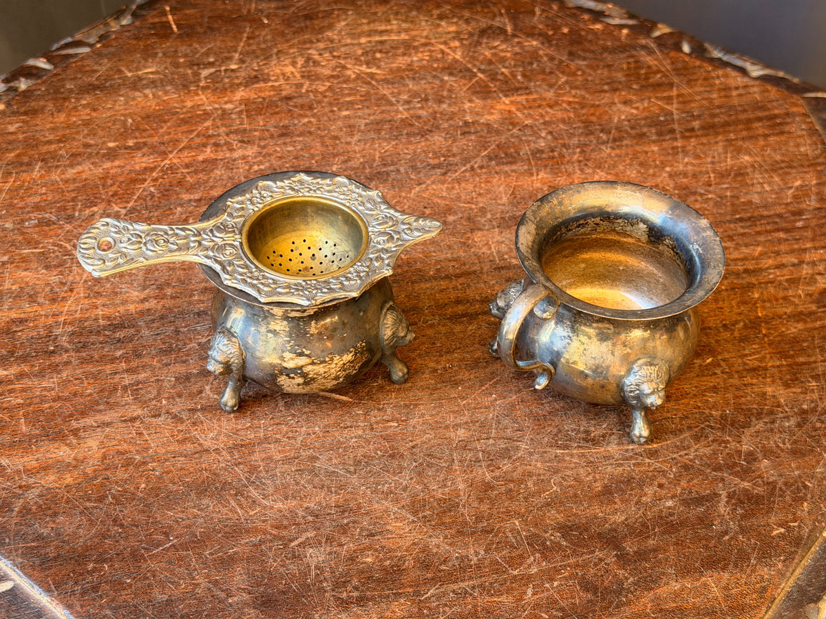 Vintage Taunton Victoria Silverplate Lion Foot Creamer Sugar & Tea Strainer Set