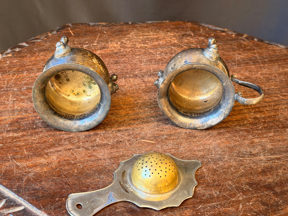Vintage Taunton Victoria Silverplate Lion Foot Creamer Sugar & Tea Strainer Set