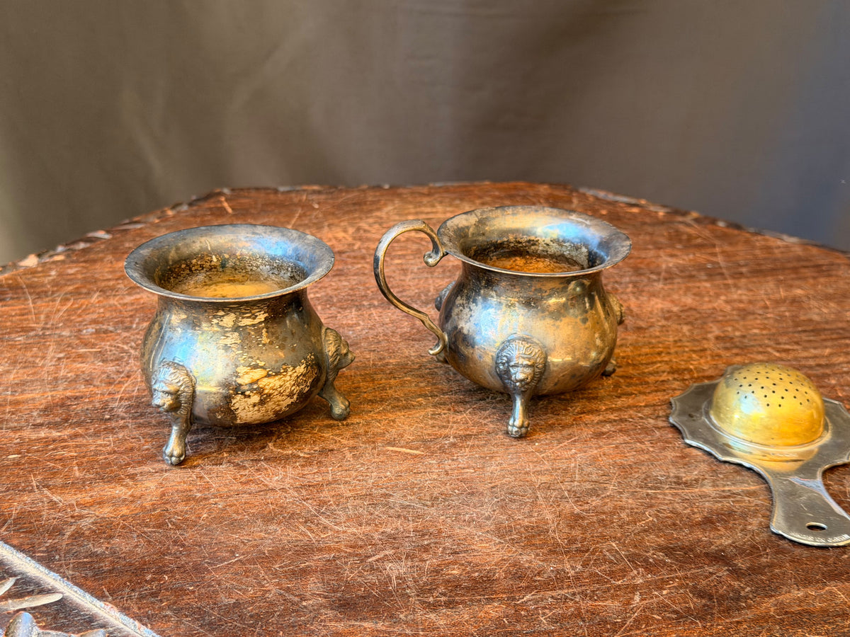 Vintage Taunton Victoria Silverplate Lion Foot Creamer Sugar & Tea Strainer Set