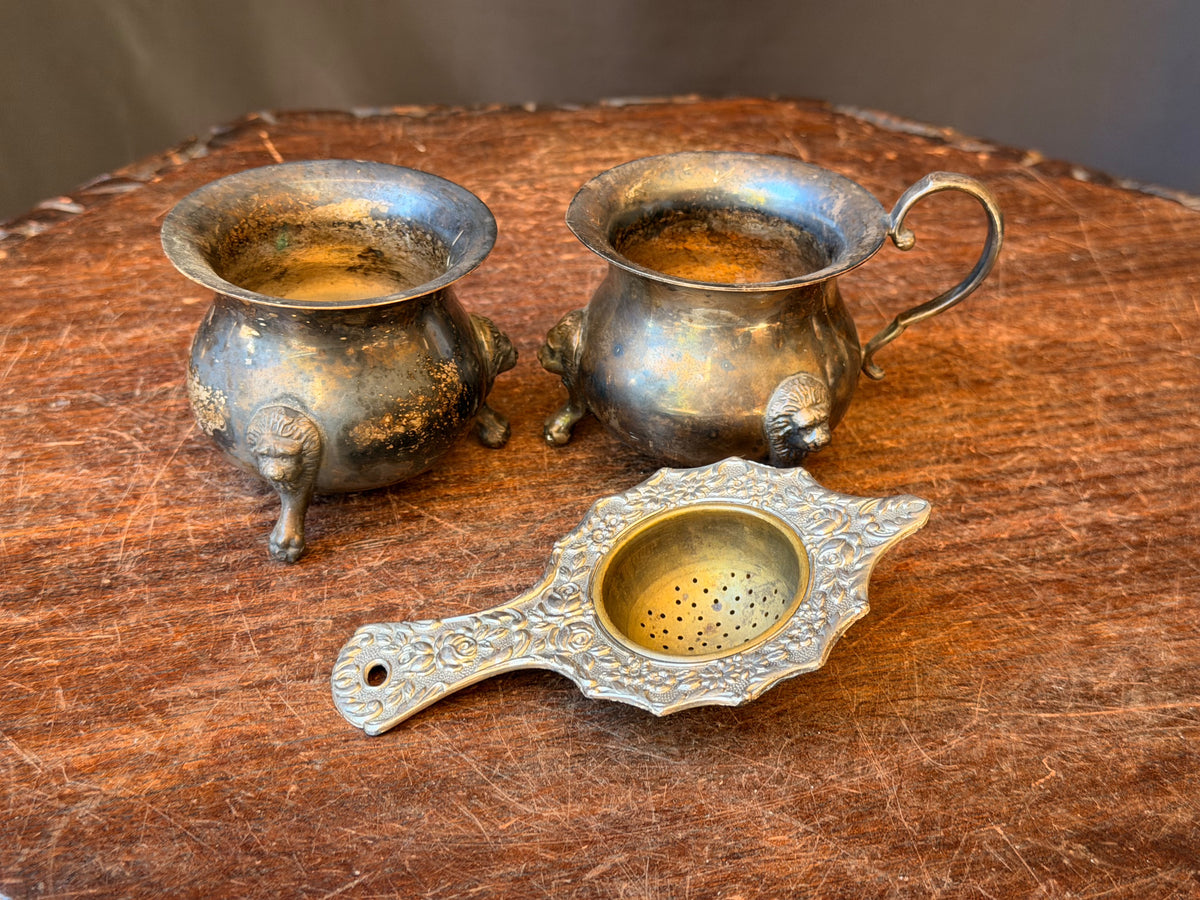 Vintage Taunton Victoria Silverplate Lion Foot Creamer Sugar & Tea Strainer Set