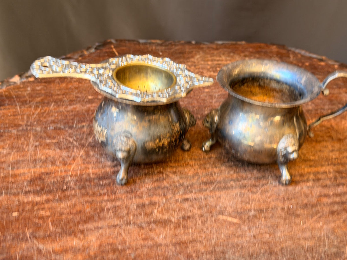 Vintage Taunton Victoria Silverplate Lion Foot Creamer Sugar & Tea Strainer Set