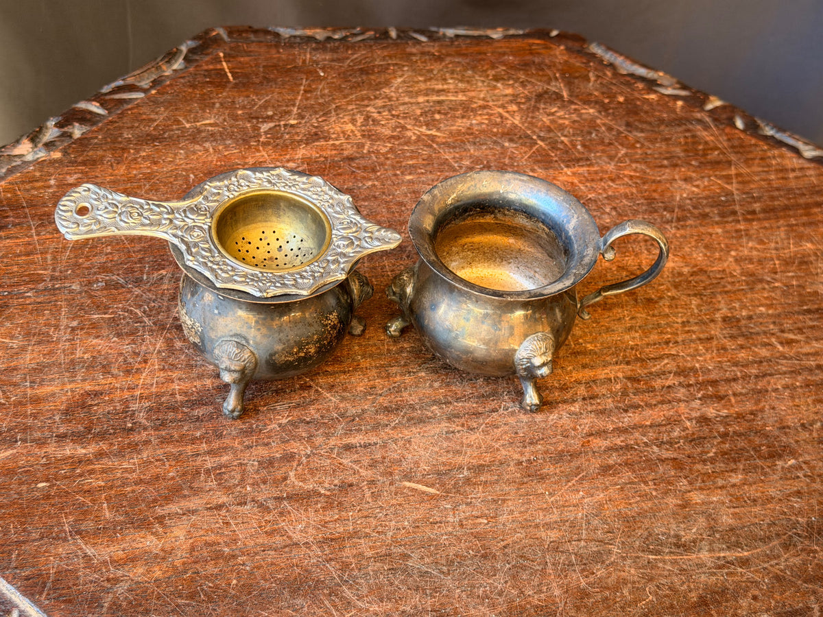Vintage Taunton Victoria Silverplate Lion Foot Creamer Sugar & Tea Strainer Set