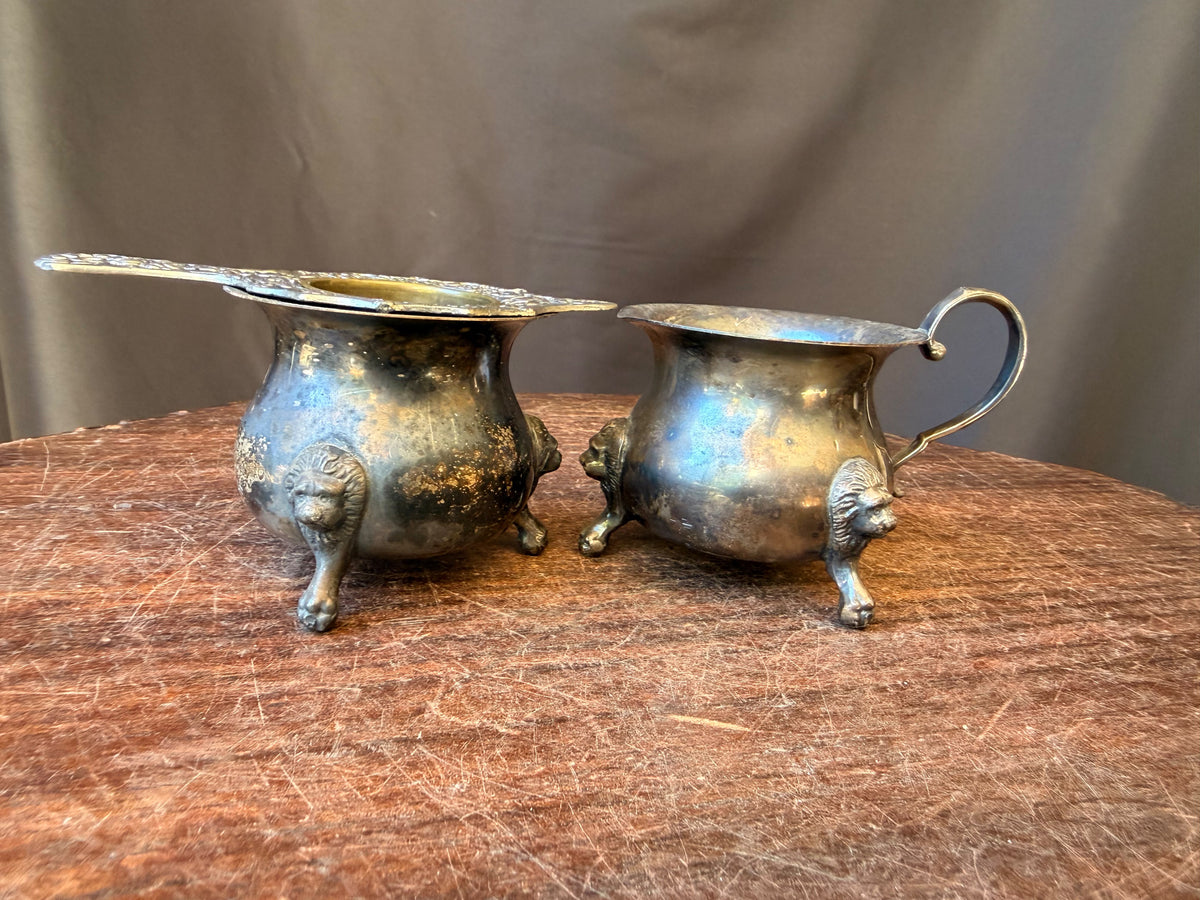 Vintage Taunton Victoria Silverplate Lion Foot Creamer Sugar & Tea Strainer Set