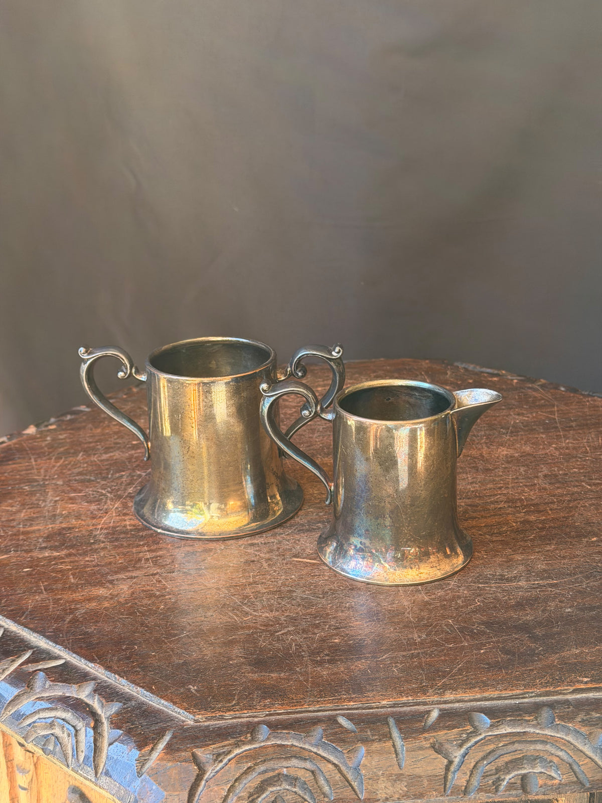 Vintage E.P.C. Lynn Silver Plate Creamer & Two Handle Sugar Bowl Set Flared Base