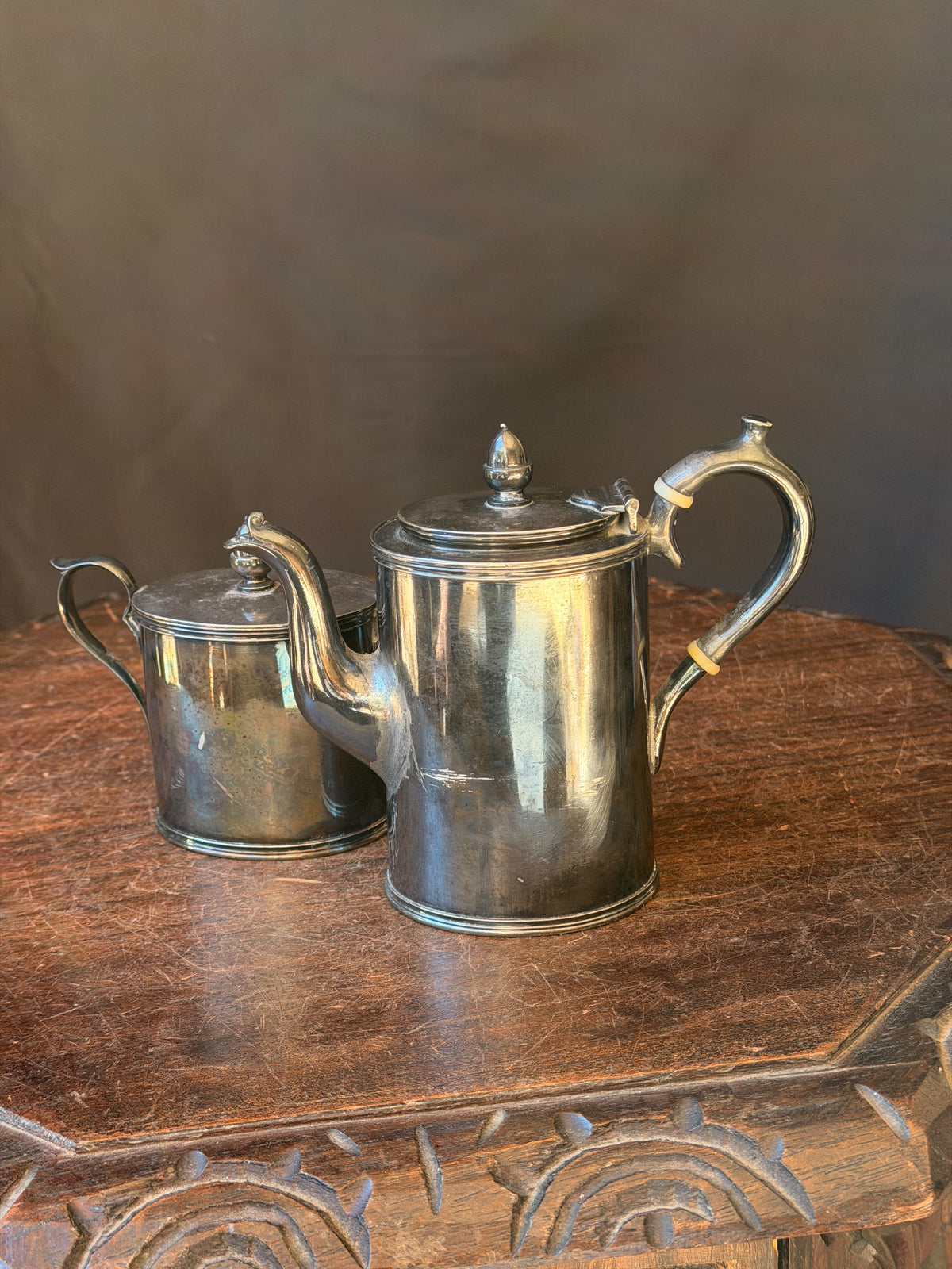 Antique Meriden Britannia Quadruple Plate Small Teapot & Covered Sugar Bowl 1837