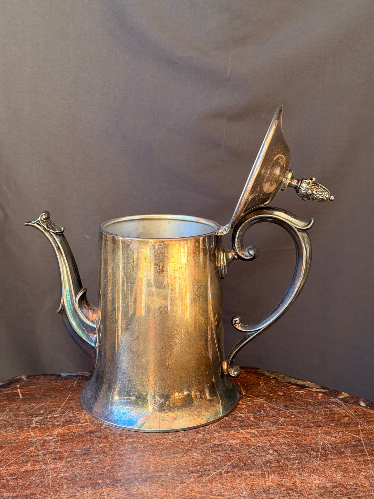 Vintage E.P.C. Lynn Silver Plate Coffee Pot Hinged Lid Pinecone Finial 8.4in