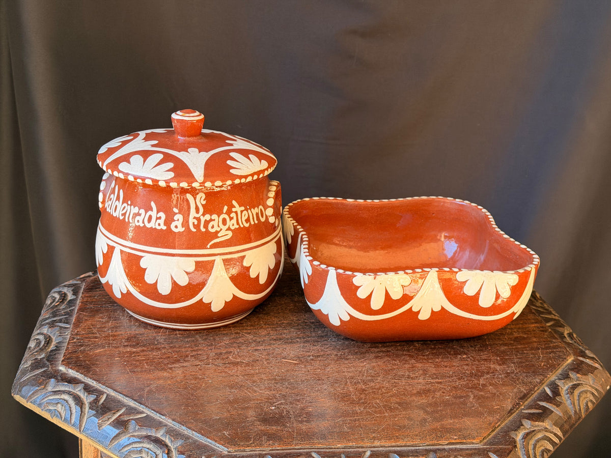 Vintage Portuguese Terracotta Caldeirada Stew Pot & Bowl Cruz da Legua 7"