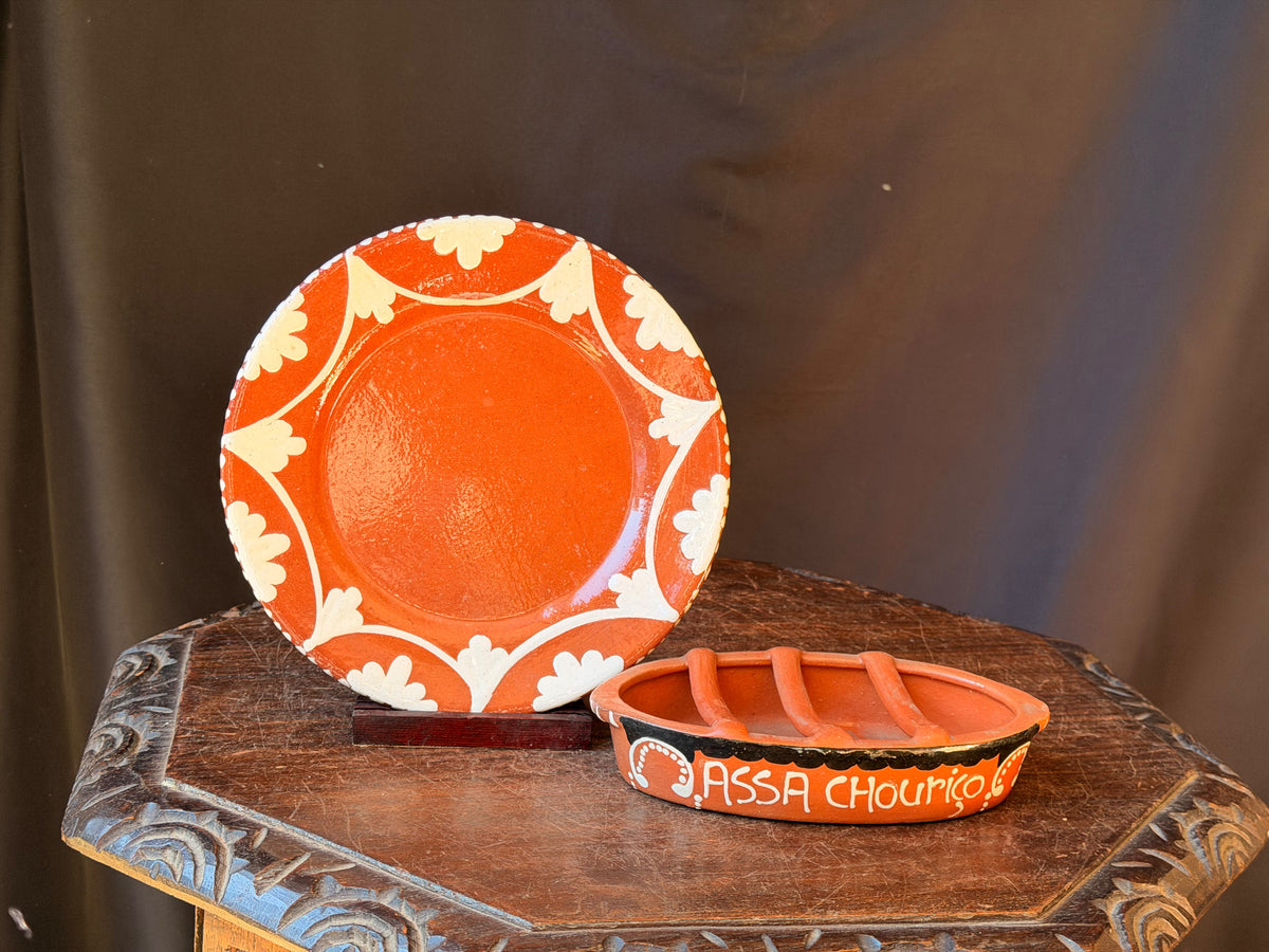 Vintage Portuguese Terracotta Assa Chourico Sausage Roaster & Plate Set 8"