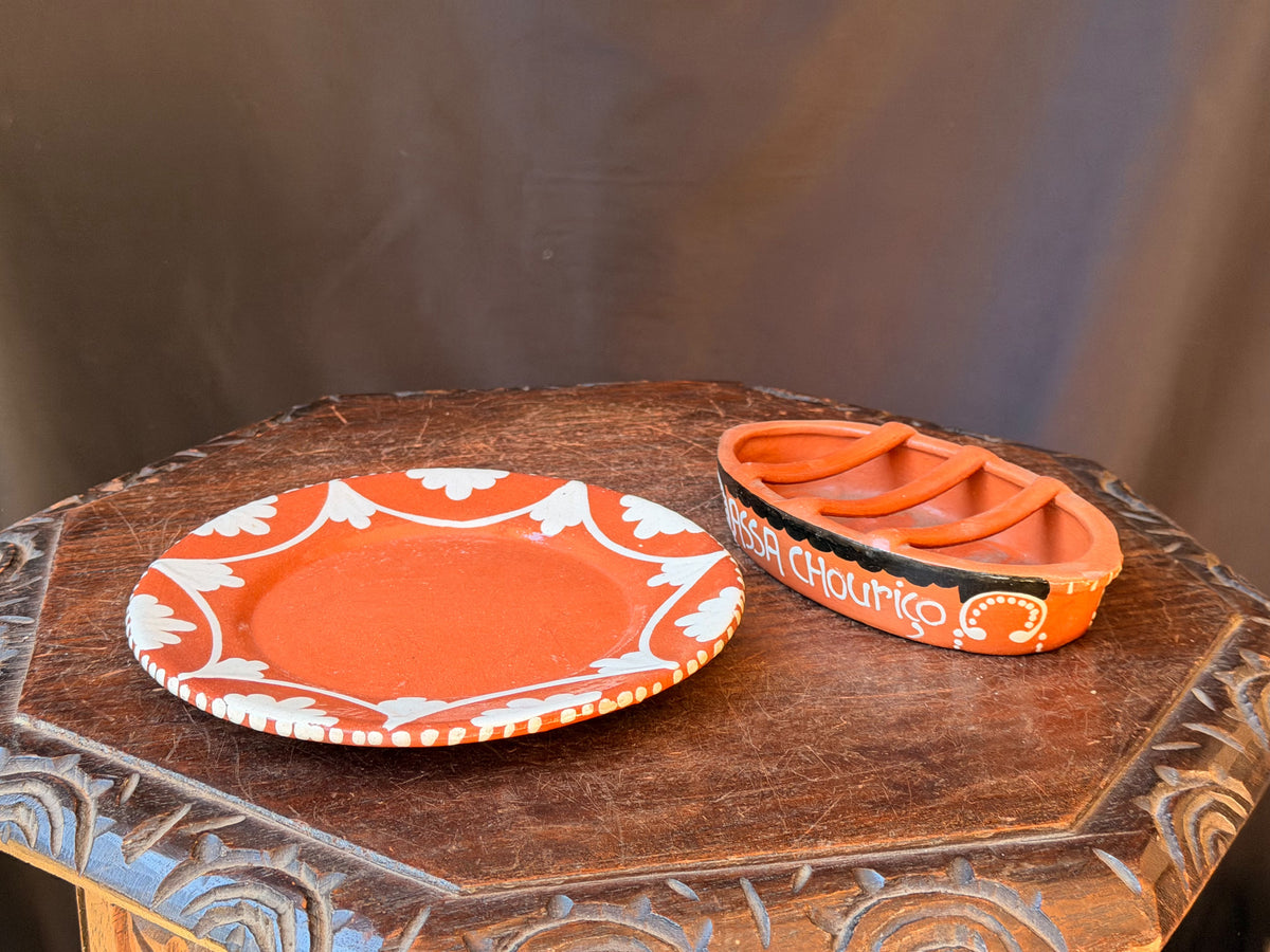 Vintage Portuguese Terracotta Assa Chourico Sausage Roaster & Plate Set 8"