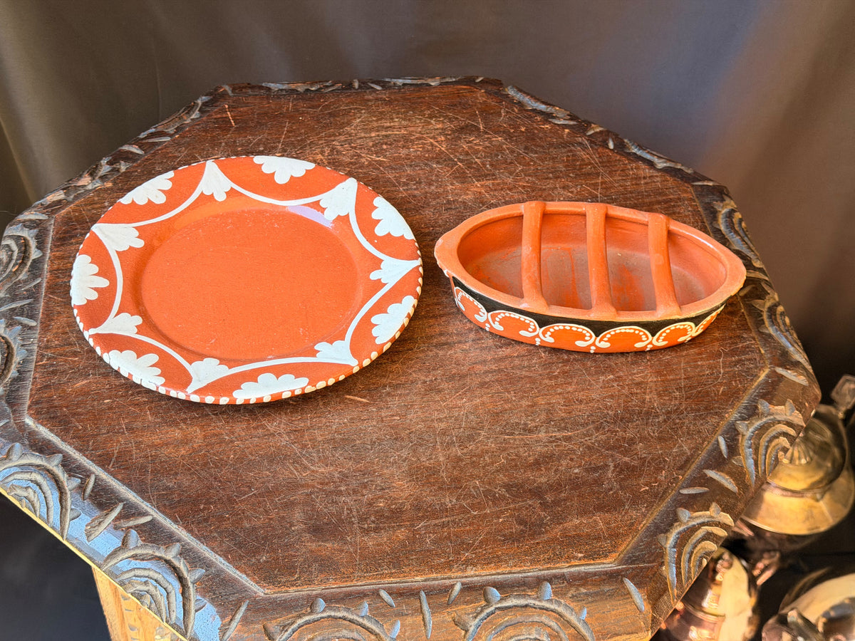 Vintage Portuguese Terracotta Assa Chourico Sausage Roaster & Plate Set 8"