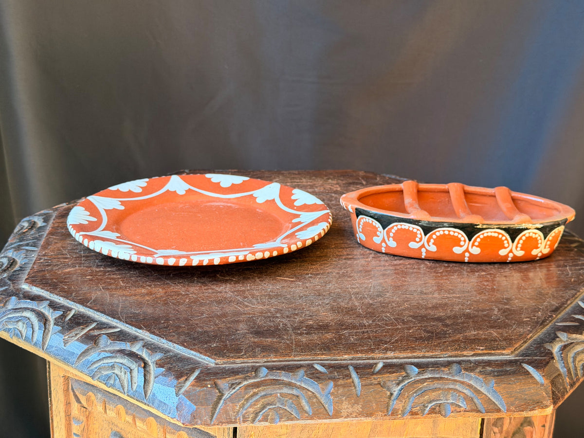 Vintage Portuguese Terracotta Assa Chourico Sausage Roaster & Plate Set 8"