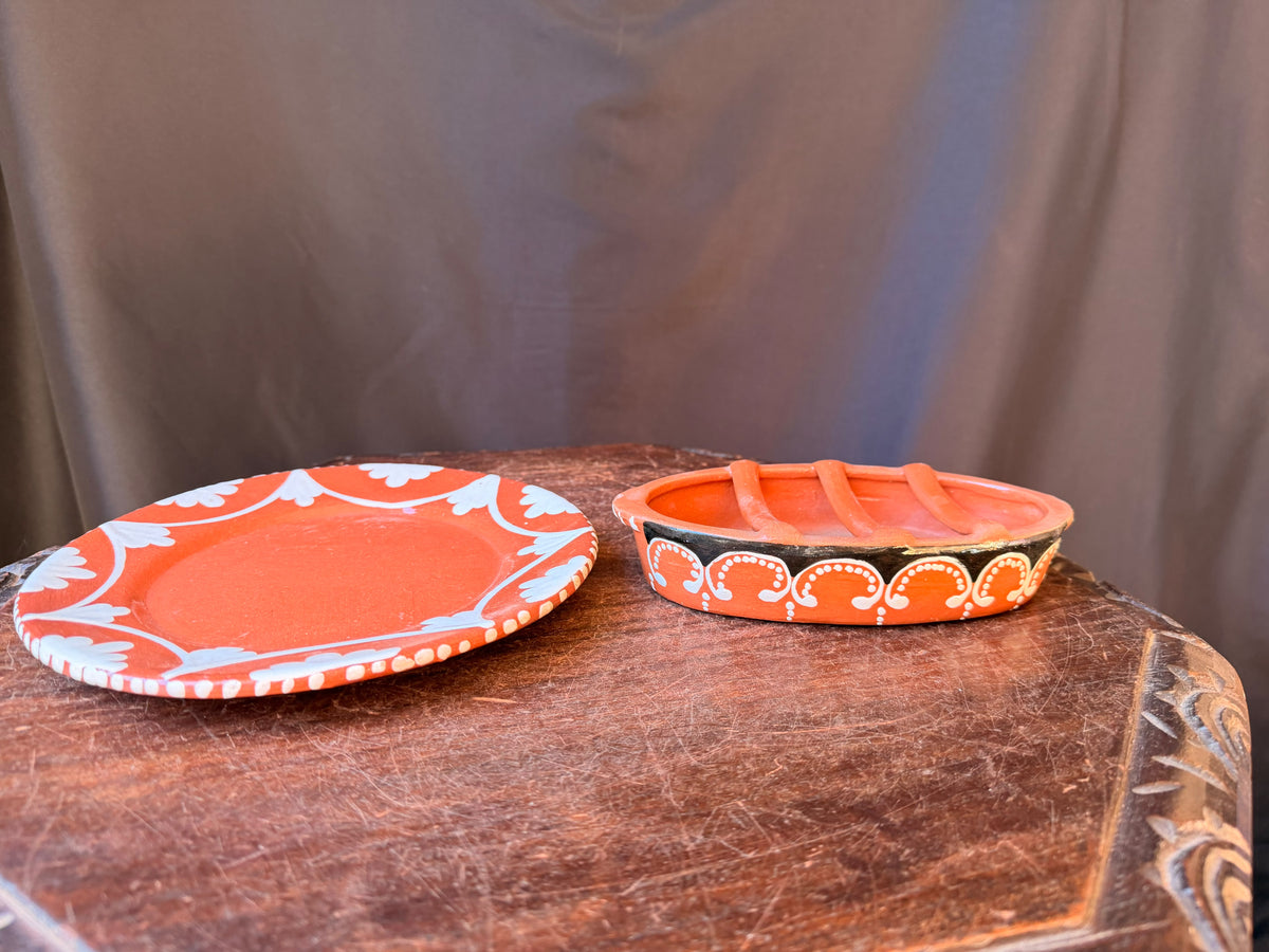 Vintage Portuguese Terracotta Assa Chourico Sausage Roaster & Plate Set 8"