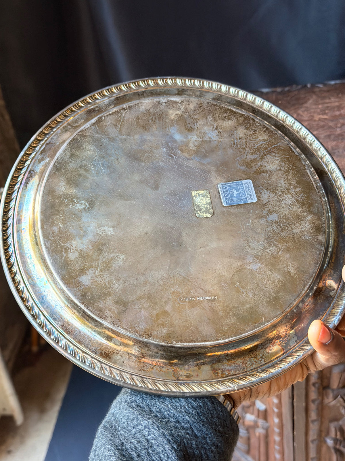 Vintage International Silver Co Silverplate Chased Round Tray Gadroon Rim 10.4"