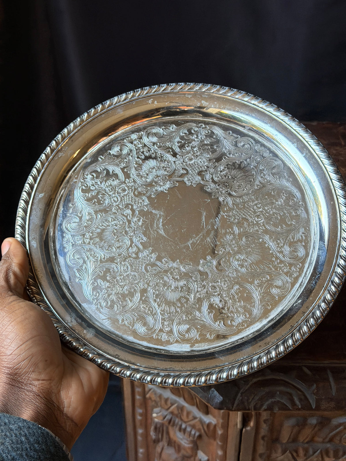 Vintage International Silver Co Silverplate Chased Round Tray Gadroon Rim 10.4"