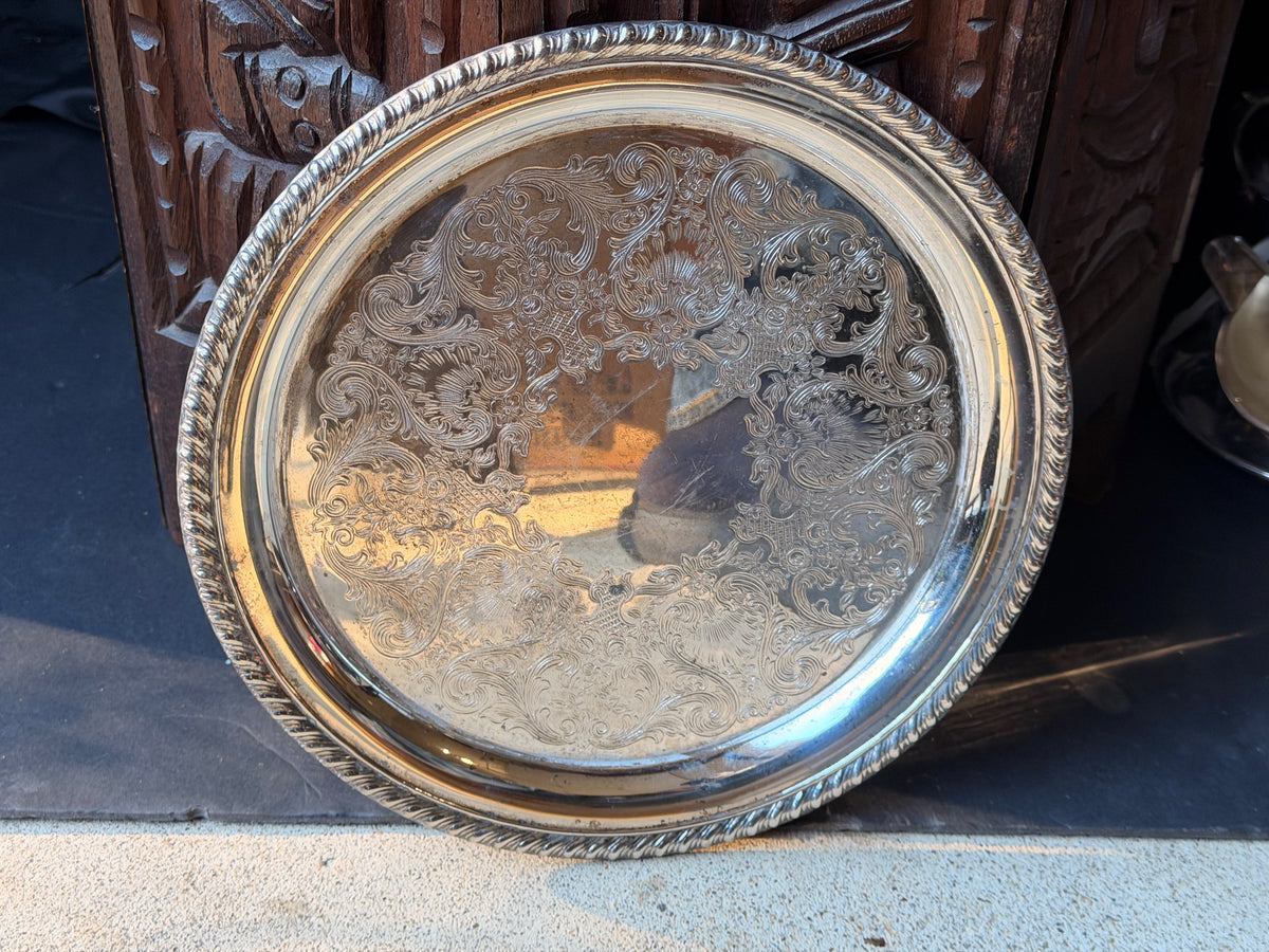 Vintage International Silver Co Silverplate Chased Round Tray Gadroon Rim 10.4"