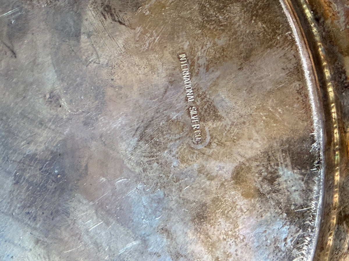 Vintage International Silver Co Silverplate Chased Round Tray Gadroon Rim 10.4"
