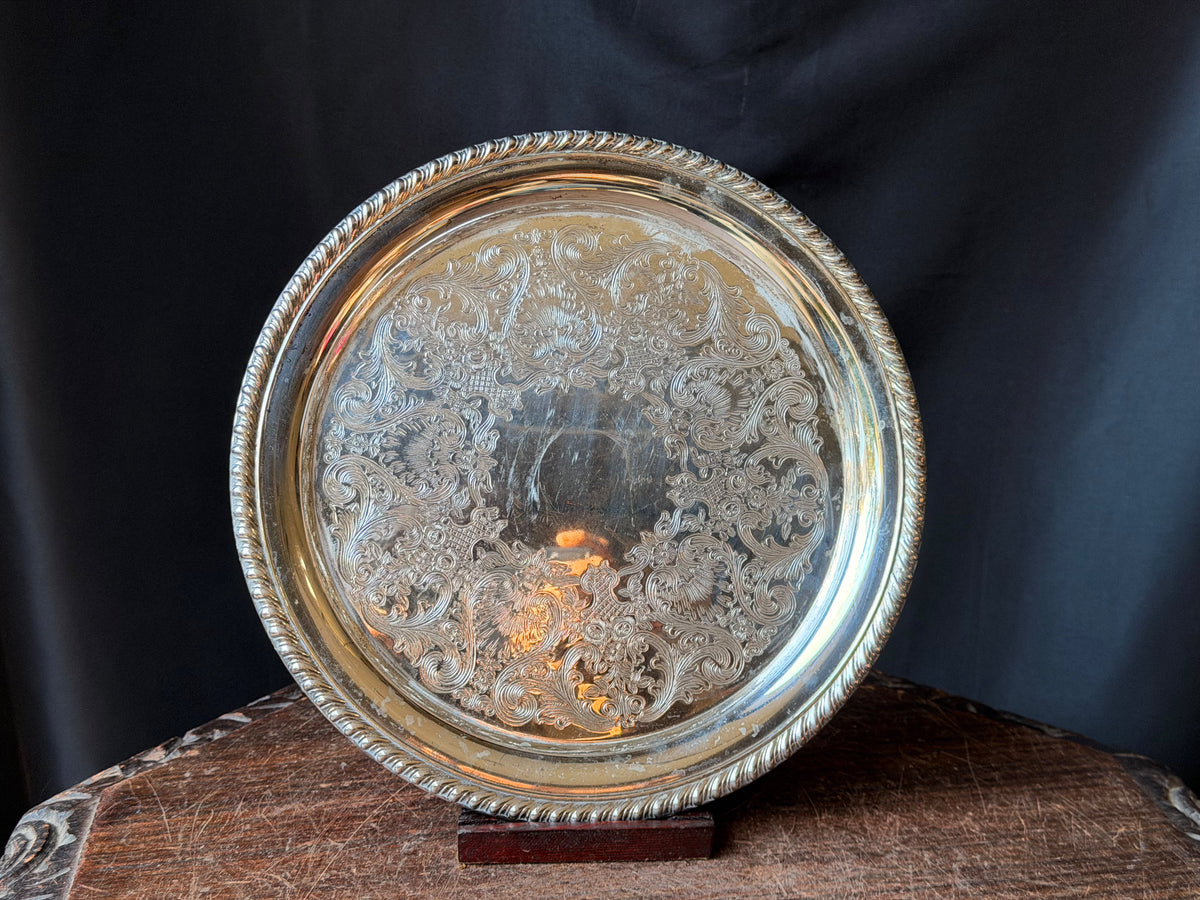 Vintage International Silver Co Silverplate Chased Round Tray Gadroon Rim 10.4"