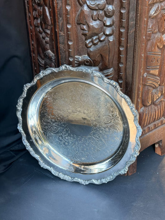 Vintage Poole Old English Silverplate Round Tray EPCA 5017 Chased Scroll Rim 12"