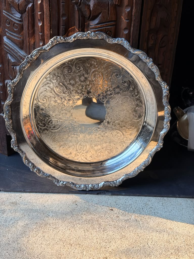 Vintage Poole Old English Silverplate Round Tray EPCA 5017 Chased Scroll Rim 12"