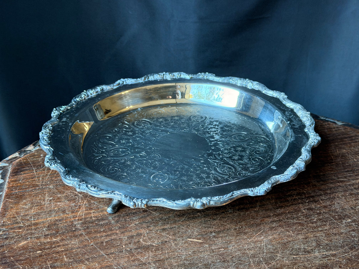 Vintage Poole Old English Silverplate Round Tray EPCA 5017 Chased Scroll Rim 12"