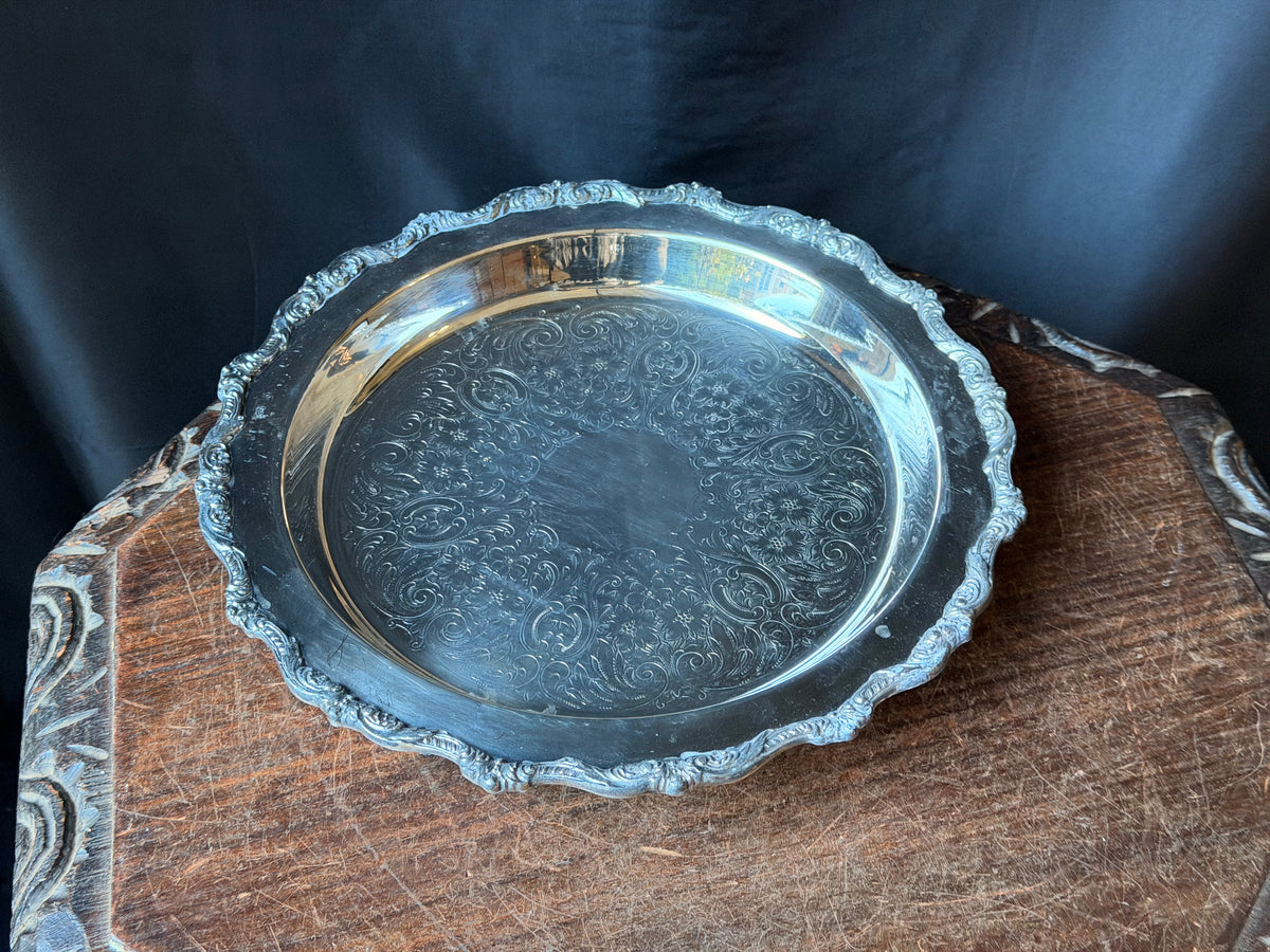 Vintage Poole Old English Silverplate Round Tray EPCA 5017 Chased Scroll Rim 12"