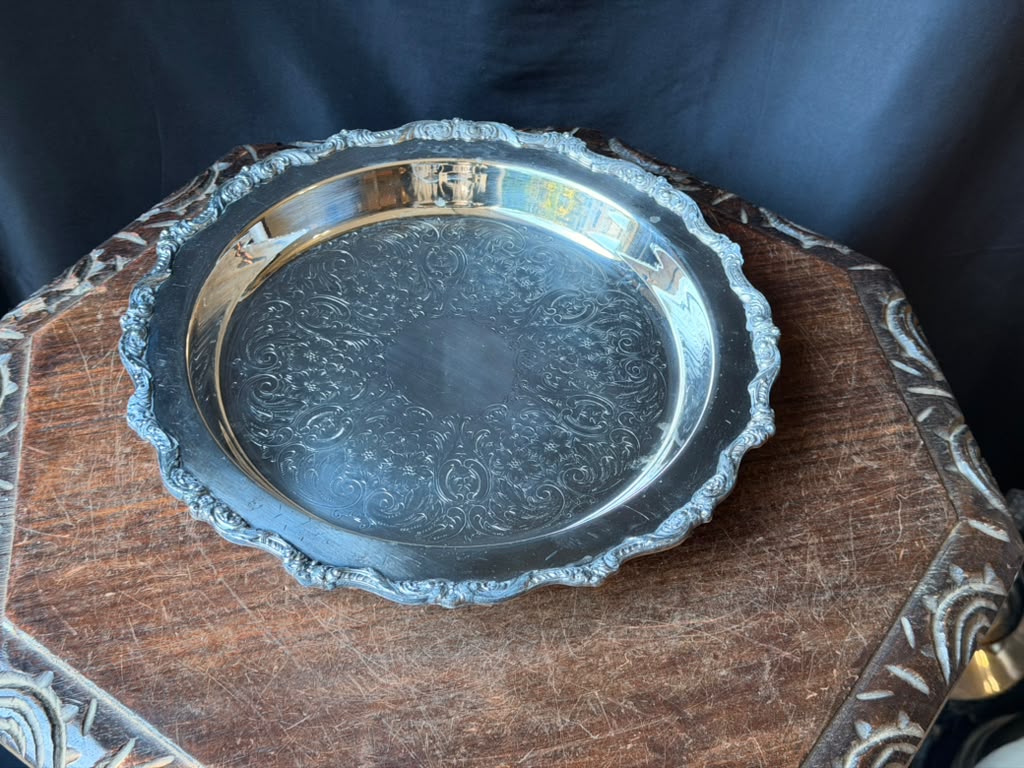 Vintage Poole Old English Silverplate Round Tray EPCA 5017 Chased Scroll Rim 12"