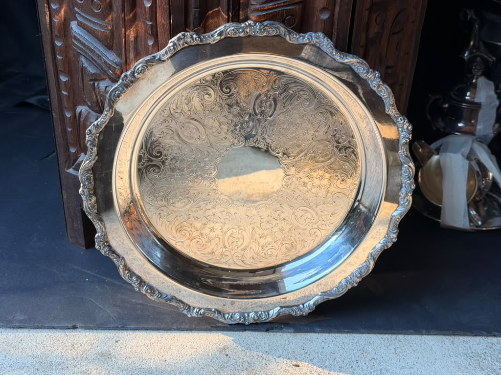 Vintage Poole Old English Silverplate Round Tray EPCA 5017 Chased Scroll Rim 12"