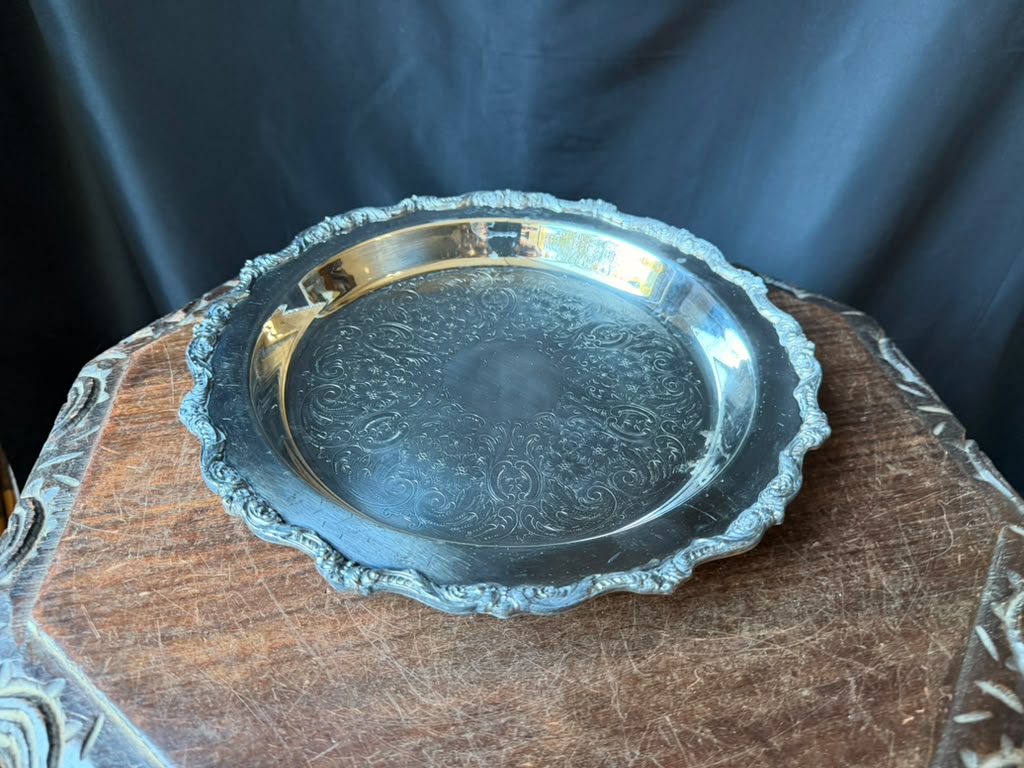 Vintage Poole Old English Silverplate Round Tray EPCA 5017 Chased Scroll Rim 12"