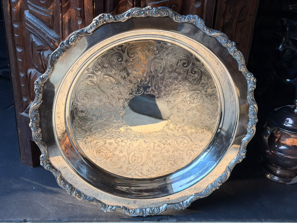 Vintage Poole Old English Silverplate Round Tray EPCA 5017 Chased Scroll Rim 12"