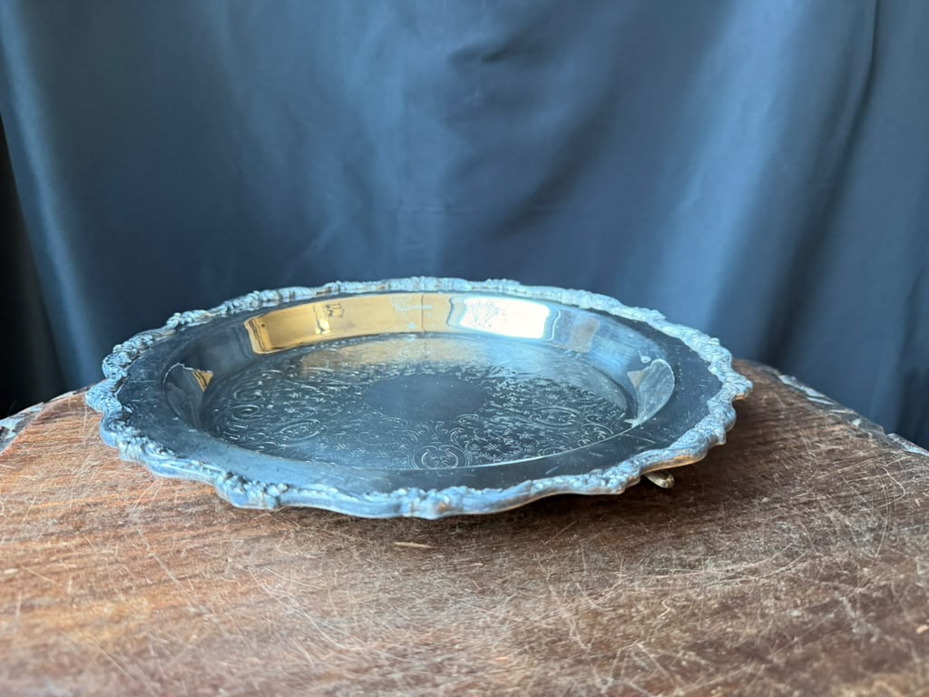 Vintage Poole Old English Silverplate Round Tray EPCA 5017 Chased Scroll Rim 12"