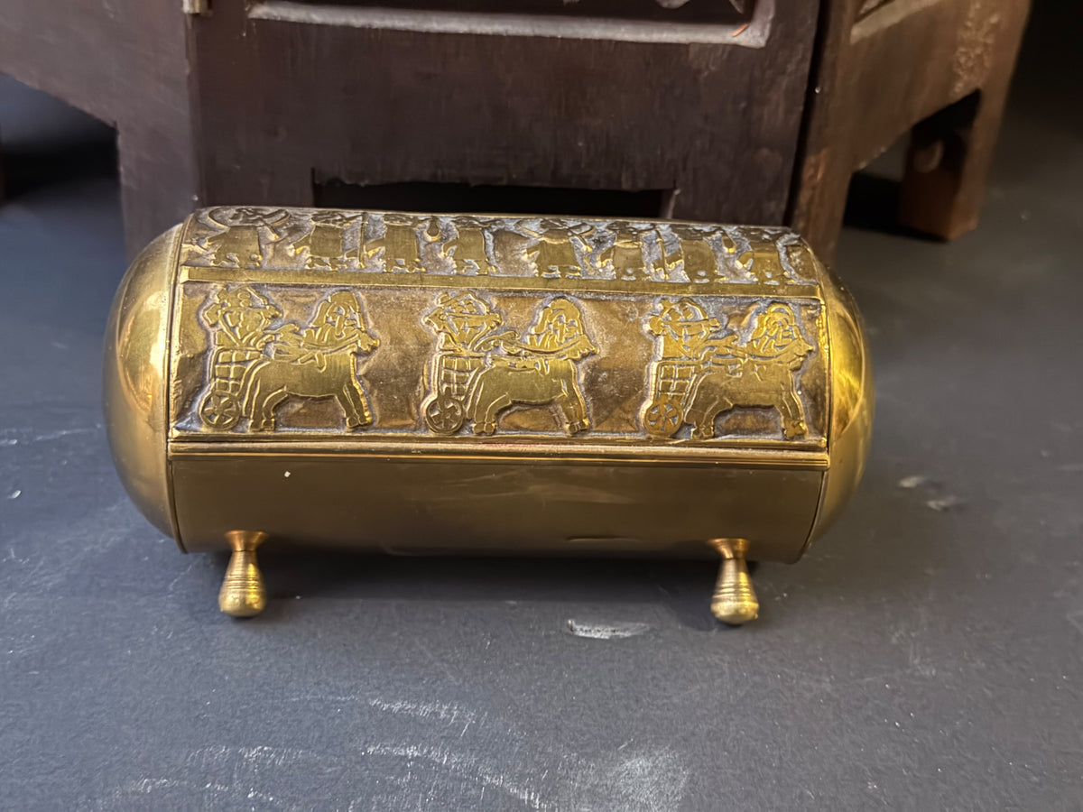 Vintage Near Eastern Brass Casket Box Chariot Winged Lion Relief Velvet Lined 6"