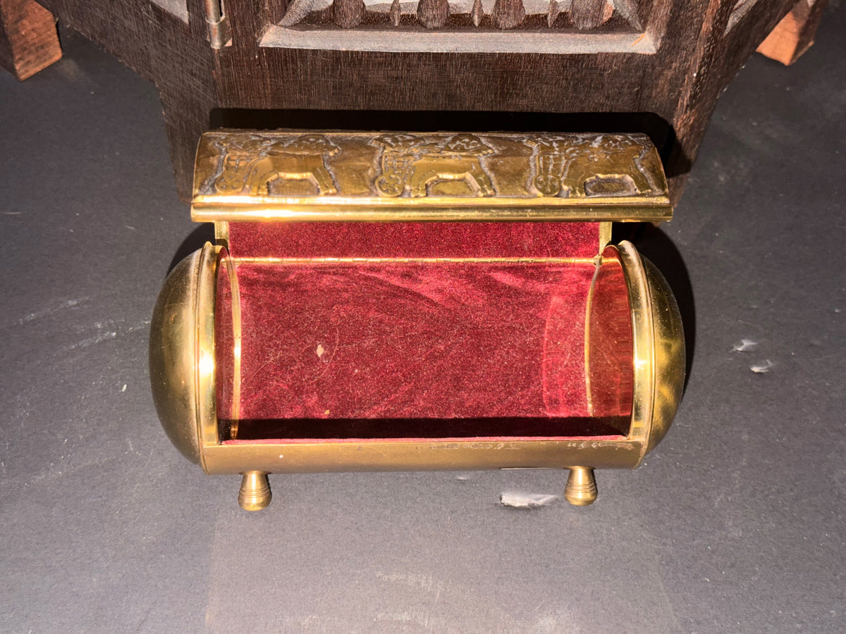 Vintage Near Eastern Brass Casket Box Chariot Winged Lion Relief Velvet Lined 6"