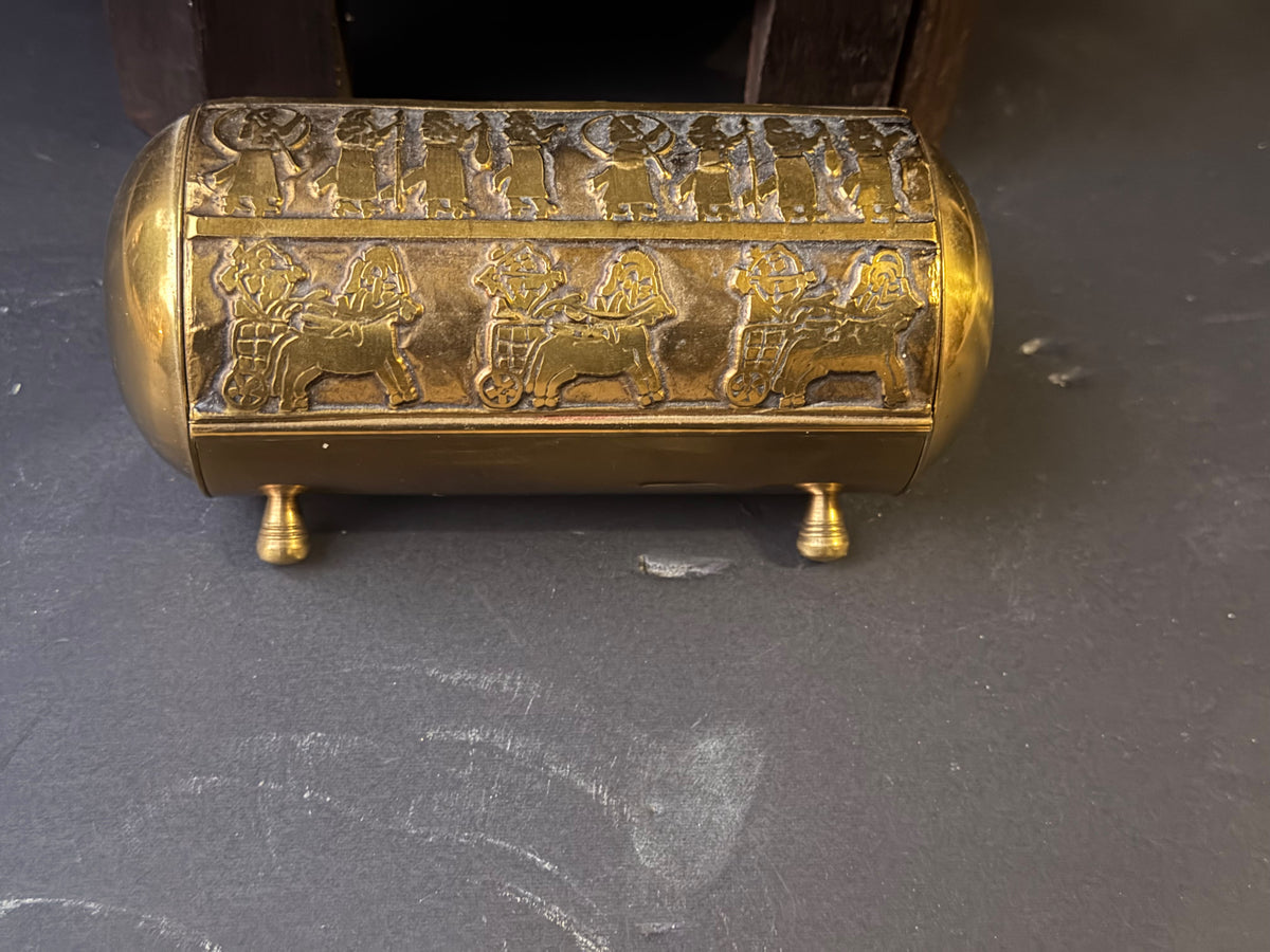 Vintage Near Eastern Brass Casket Box Chariot Winged Lion Relief Velvet Lined 6"