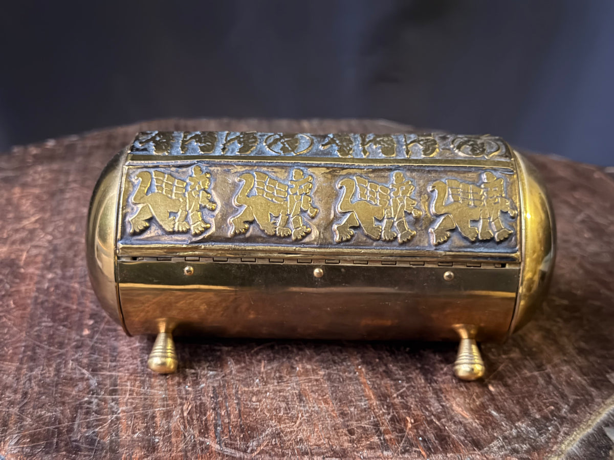 Vintage Near Eastern Brass Casket Box Chariot Winged Lion Relief Velvet Lined 6"