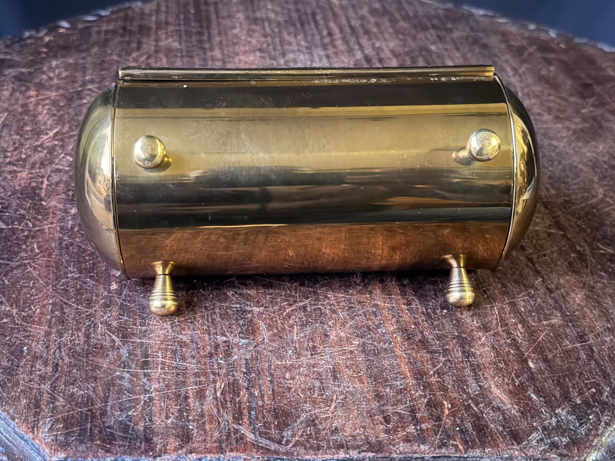 Vintage Near Eastern Brass Casket Box Chariot Winged Lion Relief Velvet Lined 6"